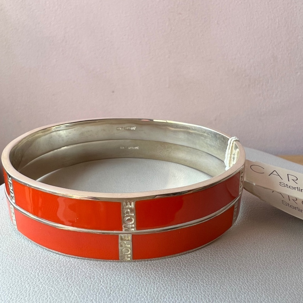 CAROLEE STERLING SILVER ORANGE ENAMEL BANGLE BRACELET LOVE LUCK PEACE HOPE BNWT